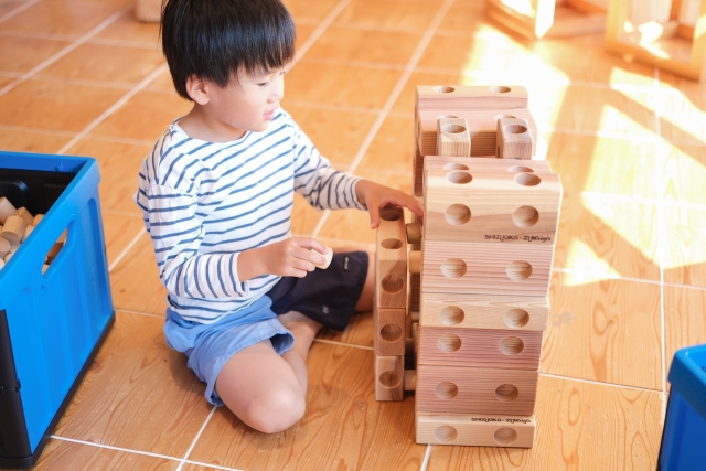 ブロック（ズレンガ）で遊ぶ男の子